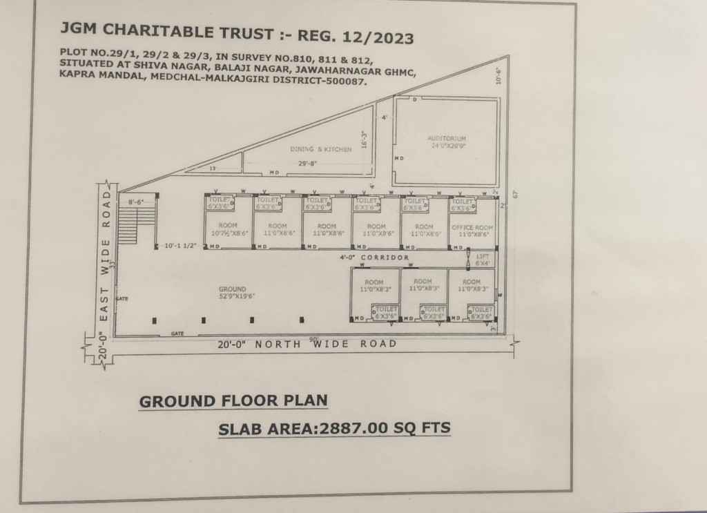 JGM Charitable Trust Ground Floor Plan – Rooms, Corridor, Slab Area 2887 sq ft